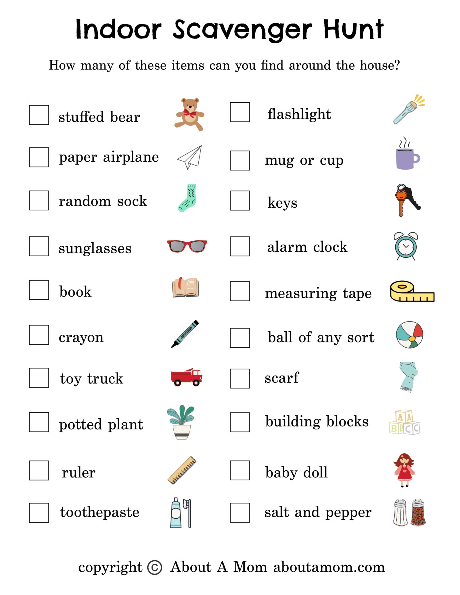 free-indoor-scavenger-hunt-printable-about-a-mom for Free Printable Scavenger Hunt Clues Free Indoor Scavenger Hunt Printable - About a Mom for Free Printable Scavenger Hunt Clues