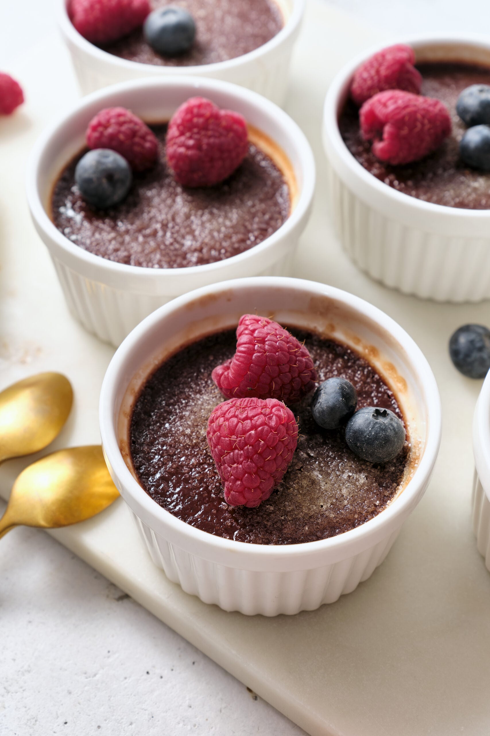 Chocolate Cr&egrave;me Br&ucirc;l&eacute;e in a small ramekin shot from above