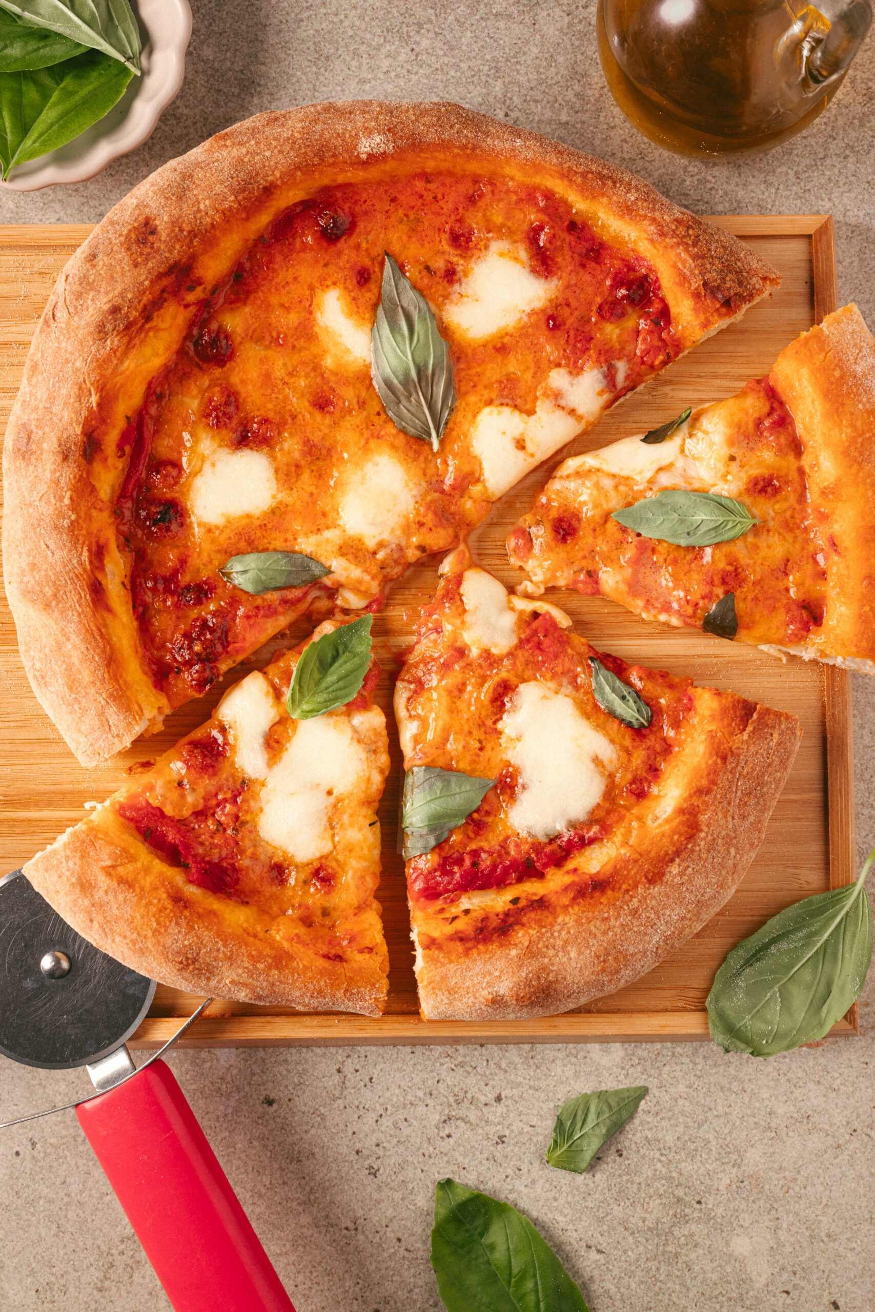 Vodka Pizza sliced shot from above