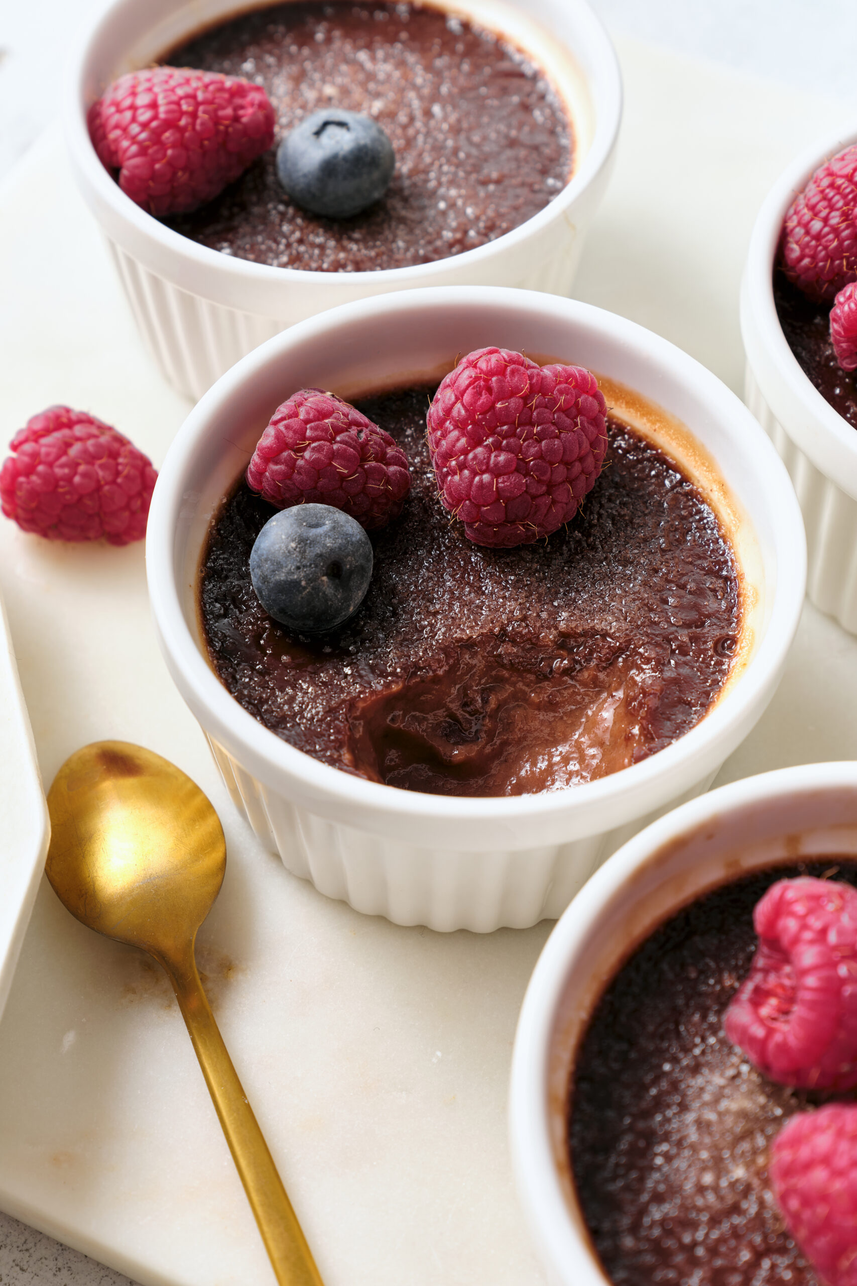 Chocolate Cr&egrave;me Br&ucirc;l&eacute;e in a small ramekin shot from diagonal