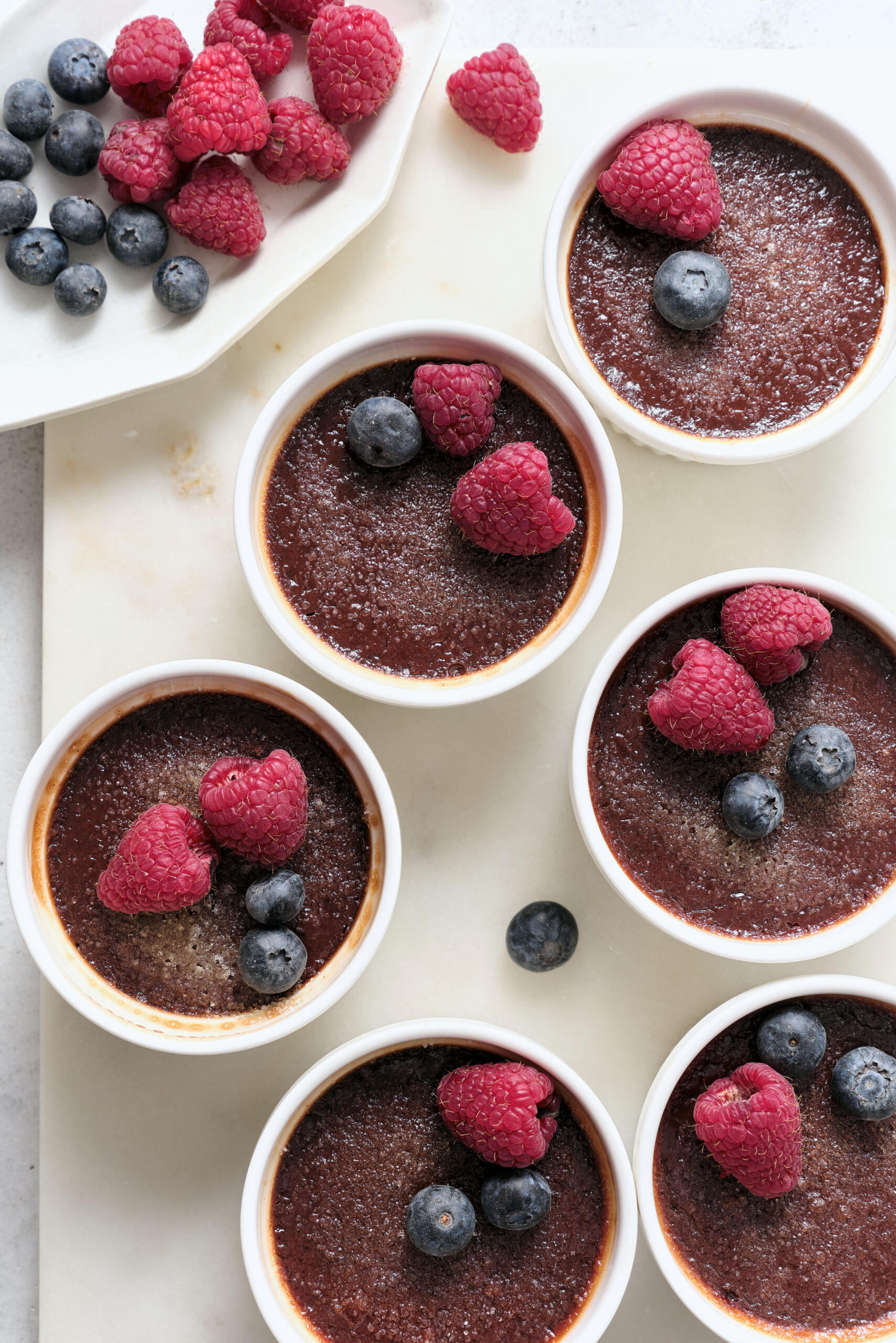 Chocolate Cr&egrave;me Br&ucirc;l&eacute;e in a small ramekin shot from above