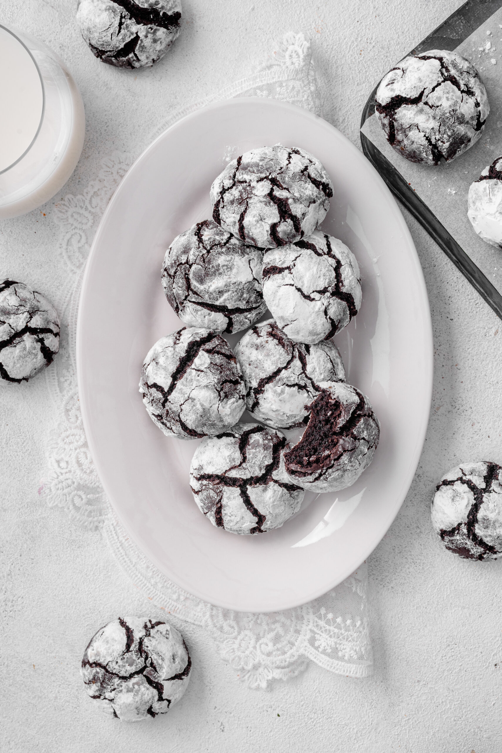 Chocolate Crinkle Cookies on a plate shot from above