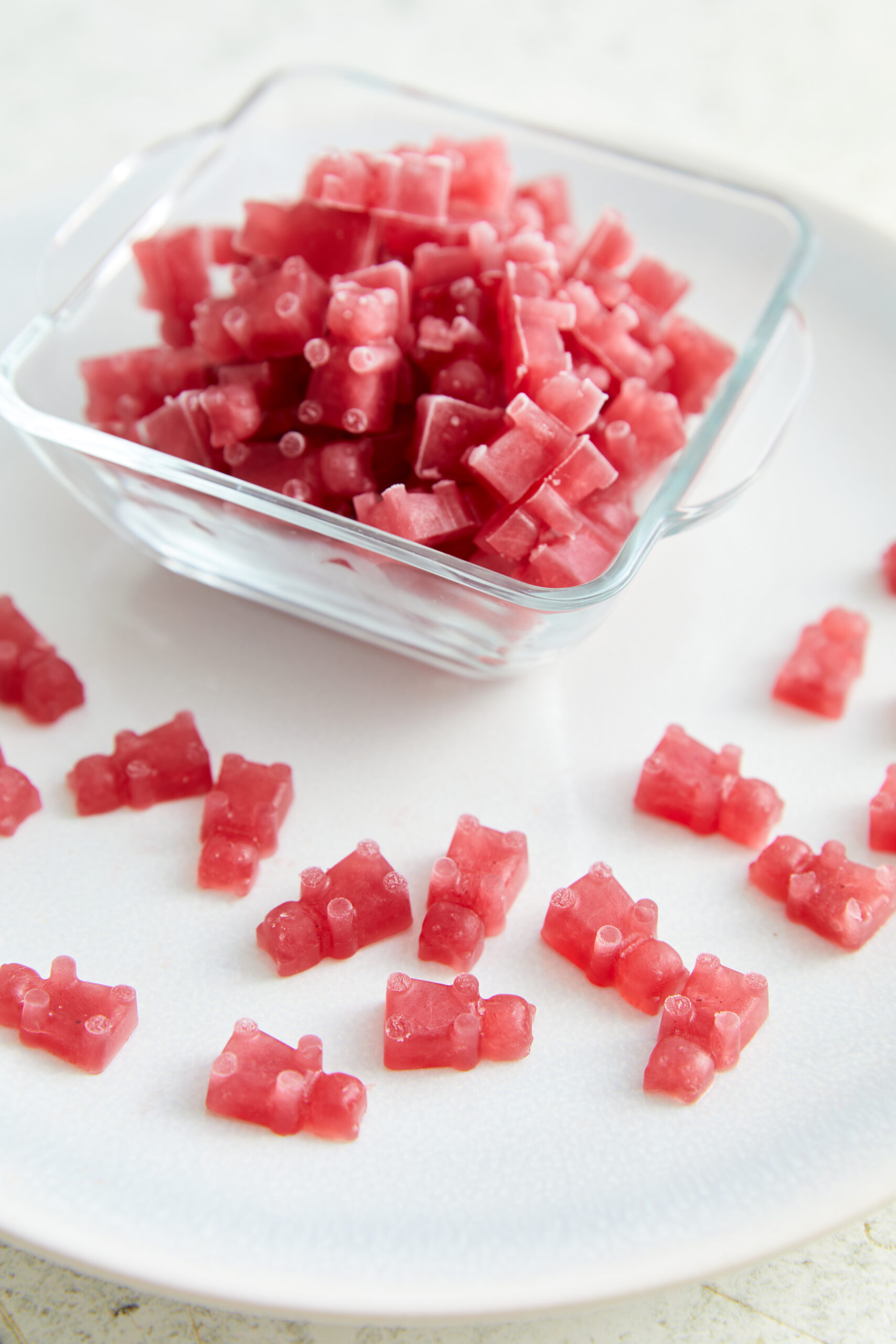 Homemade Gummy Bears in a bowl diagonal shot