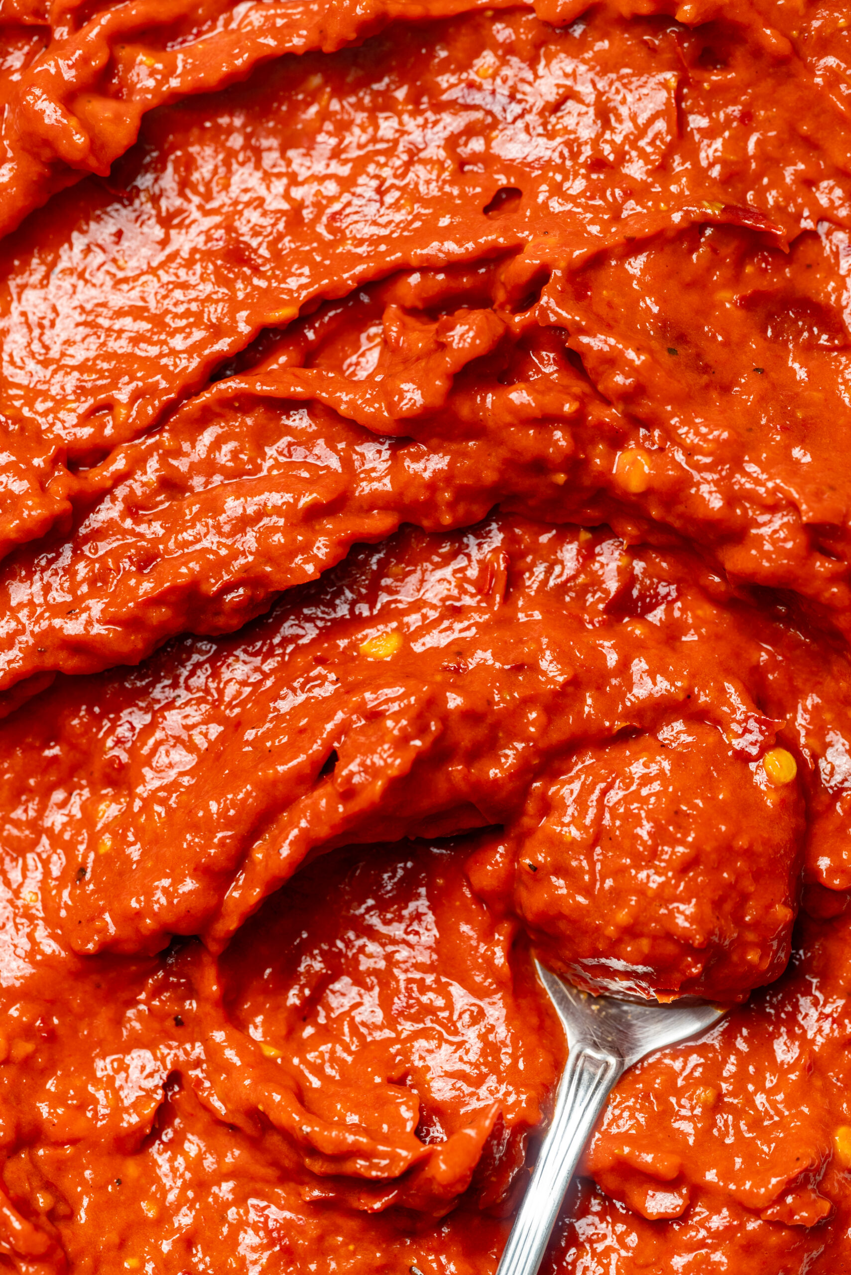 Homemade harissa, a thick red pepper paste, being scooped with a spoon.