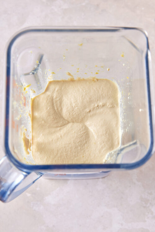 Blended tofu mixture in a blender for Vegan Shakshuka.