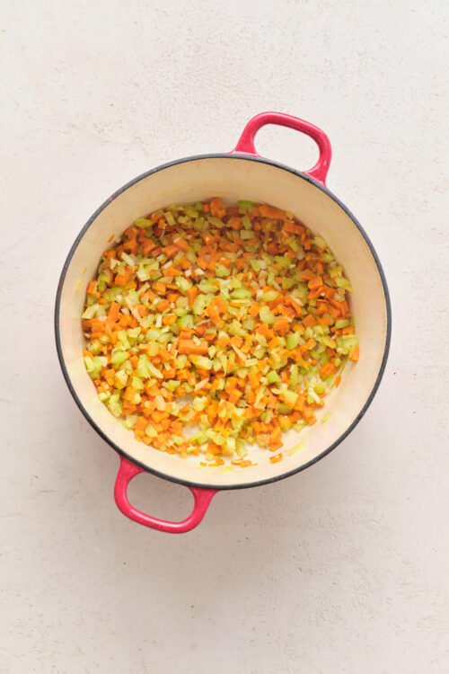 Saut&eacute;ing diced carrots, celery, and onion for Vegan Split Pea Soup.