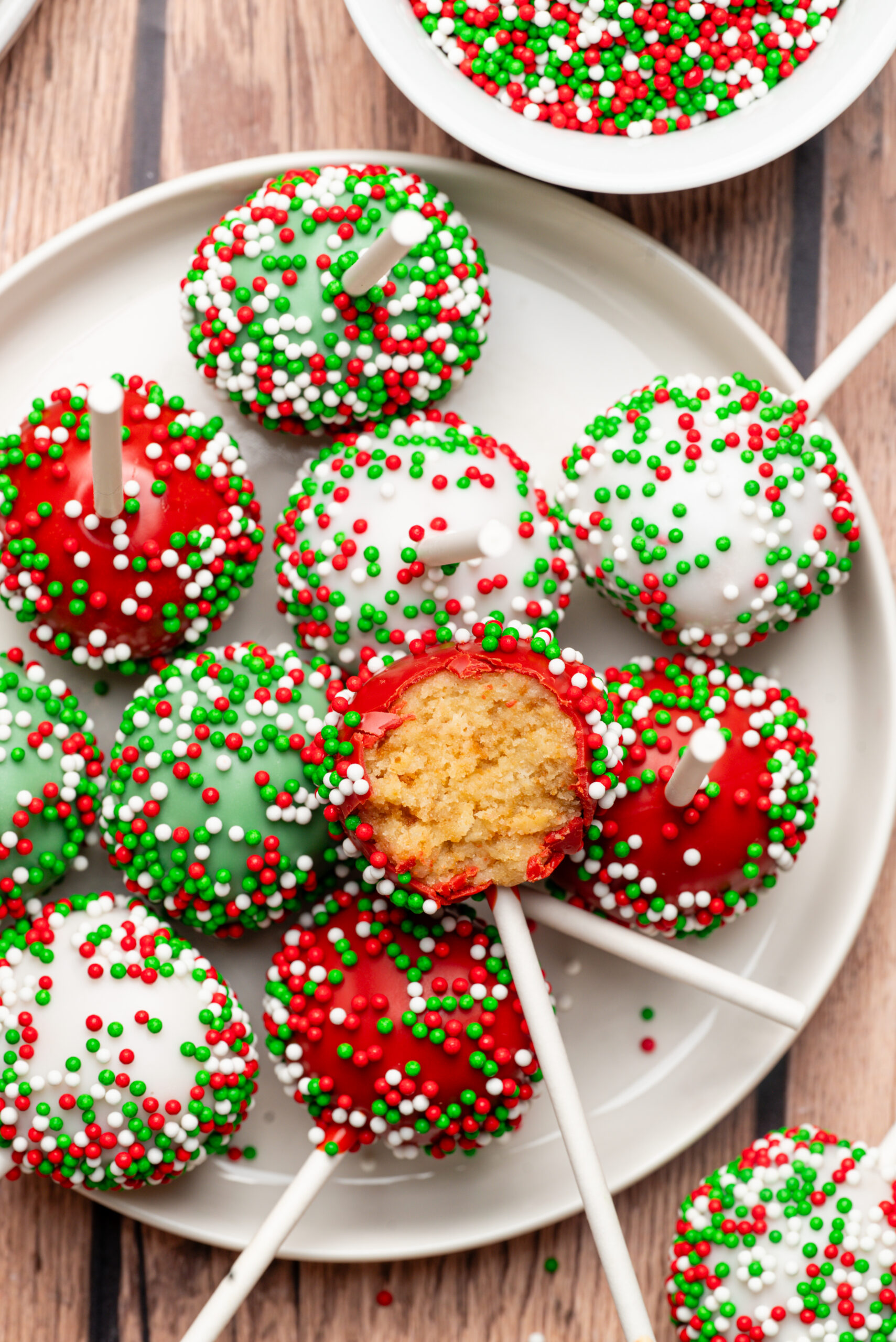 Christmas Cake Pops on a plate shot from above